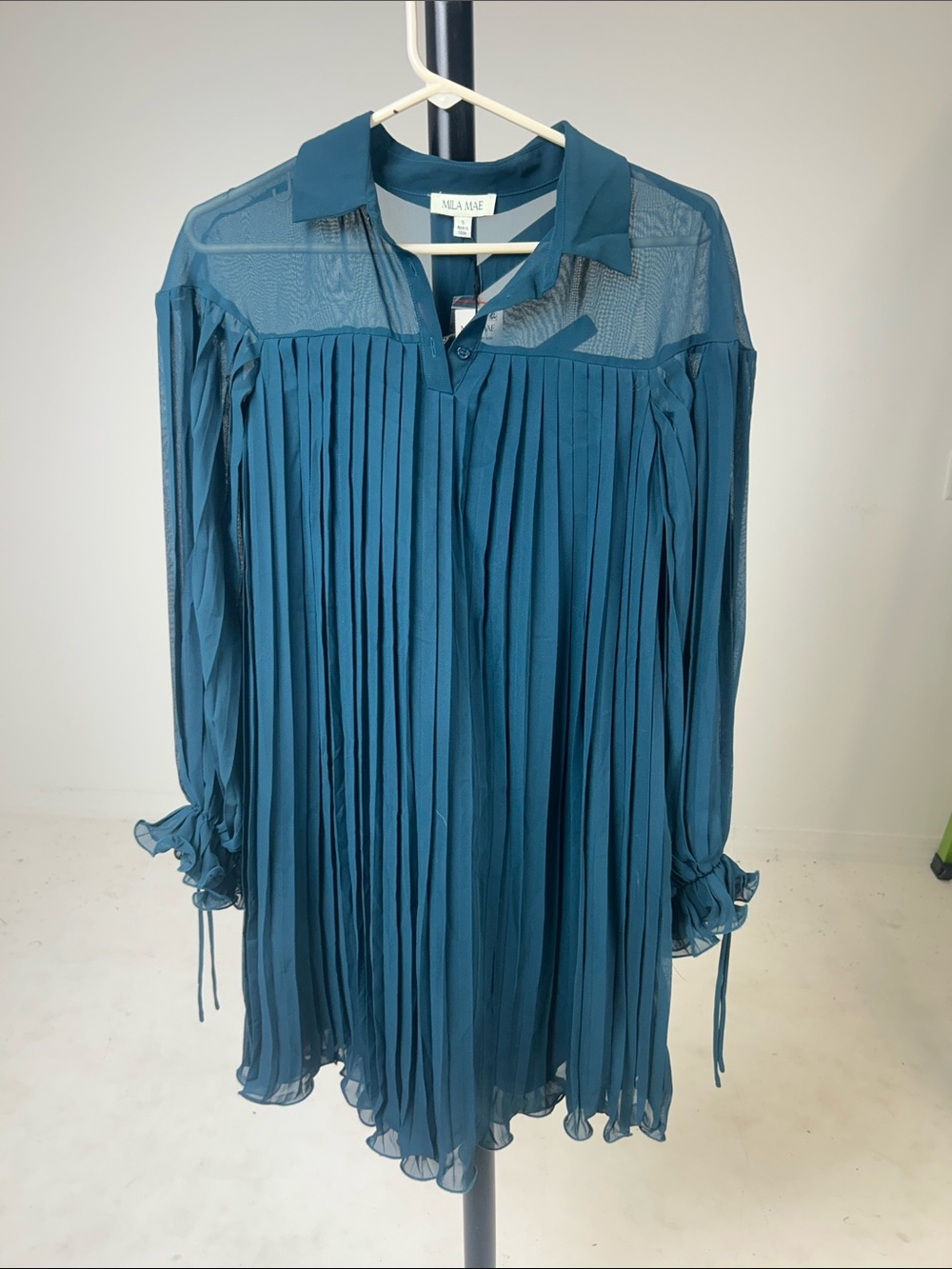 Mela Mae Teal Pleated Long-Sleeve Shirt Dress